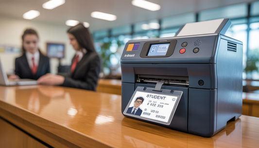 A direct-to-card ID printer in a school reception area, producing vibrant student ID cards, representing efficiency and customization.