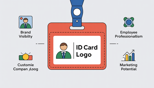 Infographic showing the benefits of customizing ID card holders with company logos, highlighting brand visibility and professionalism.