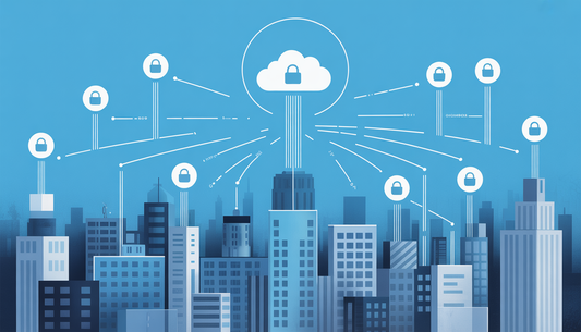 A futuristic cityscape with interconnected buildings and digital lines leading to a central cloud, symbolizing scalable cloud-based access control.
