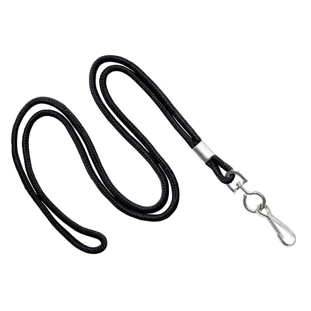 1/8" Round Lanyard, Black with Nickel-plated Steel Swivel Hook (25-pack)
