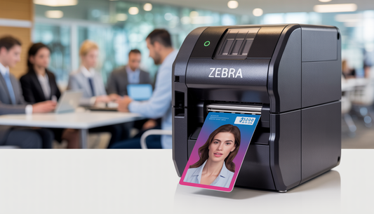 A Zebra card printer displaying its interface, printing a clear and realistic ID card in a corporate office with employees working in the background.