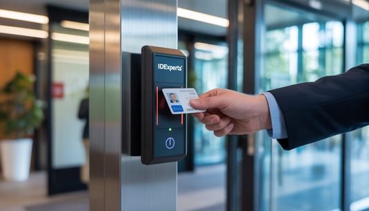 An employee swipes their ID card on a card reader with the IDEXPERTS logo at a modern corporate office entrance, showcasing advanced access control technology.