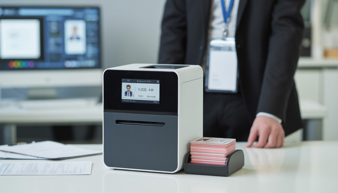 A business professional in an office demonstrating a compact direct-to-card ID printer with a digital display, freshly printed ID cards on a tray, and a computer showing ID card design software.