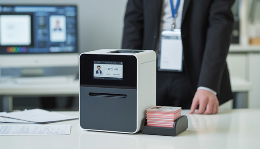 A business professional in an office demonstrating a compact direct-to-card ID printer with a digital display, freshly printed ID cards on a tray, and a computer showing ID card design software.