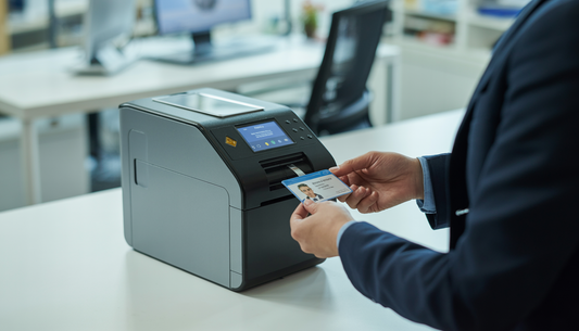 A person using an ID card printer in a modern office, showcasing a high-tech and secure environment.