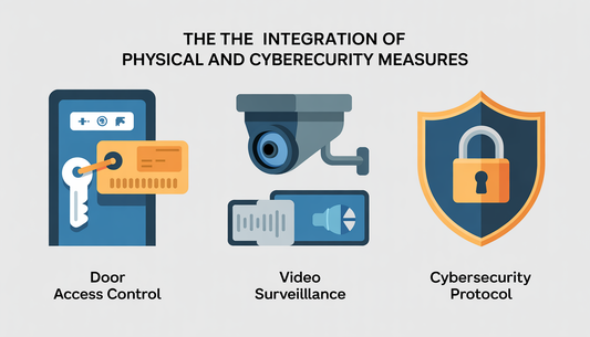 Infographic showing integration of physical and cybersecurity with icons of a key card for door access control, a camera for video surveillance, and a shield with lock for cybersecurity.
