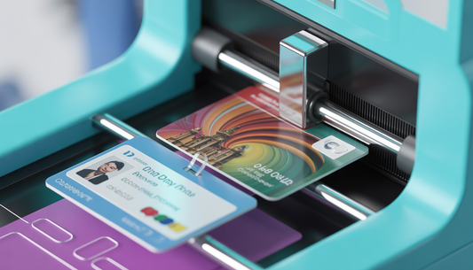 A high-resolution ID card printing machine creating a card with intricate brand designs and eco-friendly materials.