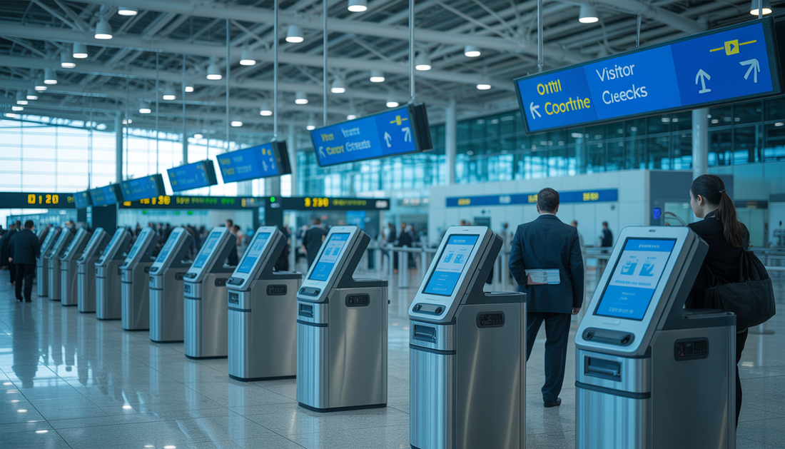 An airport checkpoint with travelers using self-service kiosks for check-in, overseen by security personnel, with digital signage.