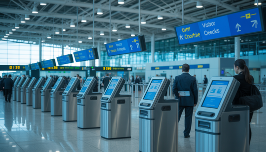 An airport checkpoint with travelers using self-service kiosks for check-in, overseen by security personnel, with digital signage.