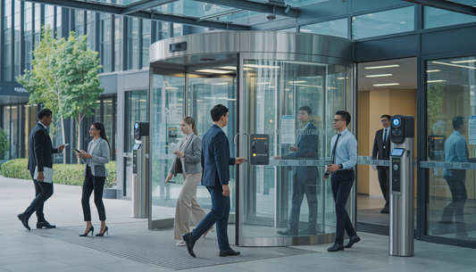 Professionals entering a modern office building using key cards and mobile credentials, with visible security cameras, biometric scanners, and security personnel ensuring secure access.