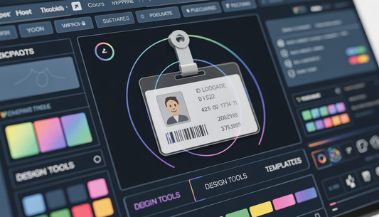 A computer screen in a creative workspace shows ID card design software with tools and templates, featuring a hologram and barcode being added to a blank ID card.