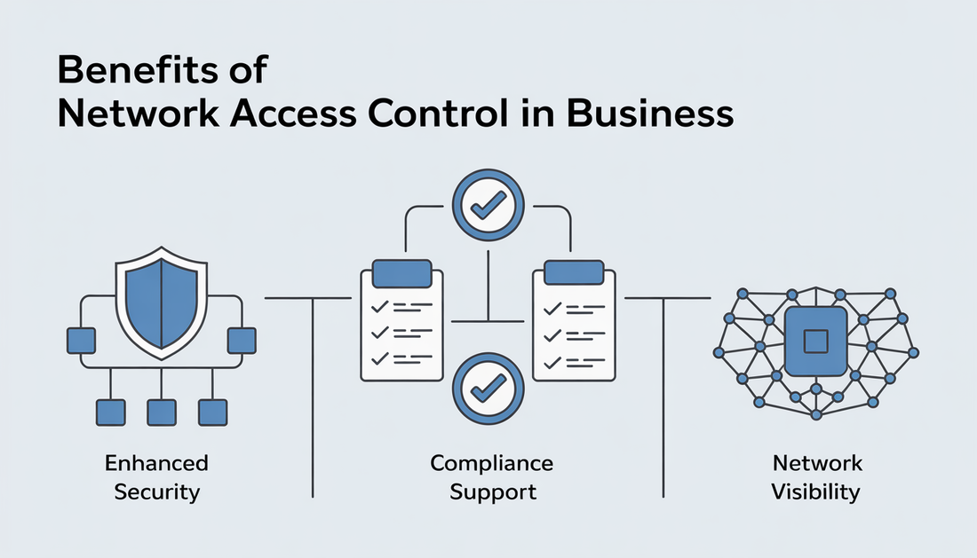 Infographic showcasing network access control benefits with icons for security, compliance, and visibility in a business context.