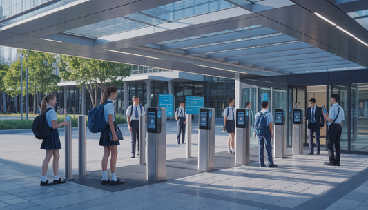 Students at a school entrance using smart cards and biometric scanners for access, highlighting advanced security technology in a modern educational setting.