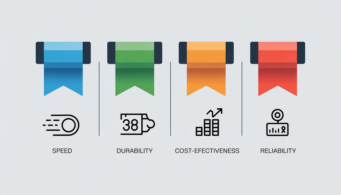 Infographic showing icons and benefits of thermal ribbons: speed, durability, cost-effectiveness, and reliability.