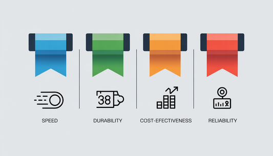 Infographic showing icons and benefits of thermal ribbons: speed, durability, cost-effectiveness, and reliability.