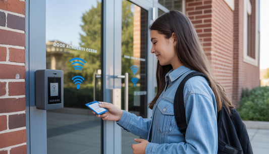 Student using an RFID card at an educational institution's entrance for secure access.