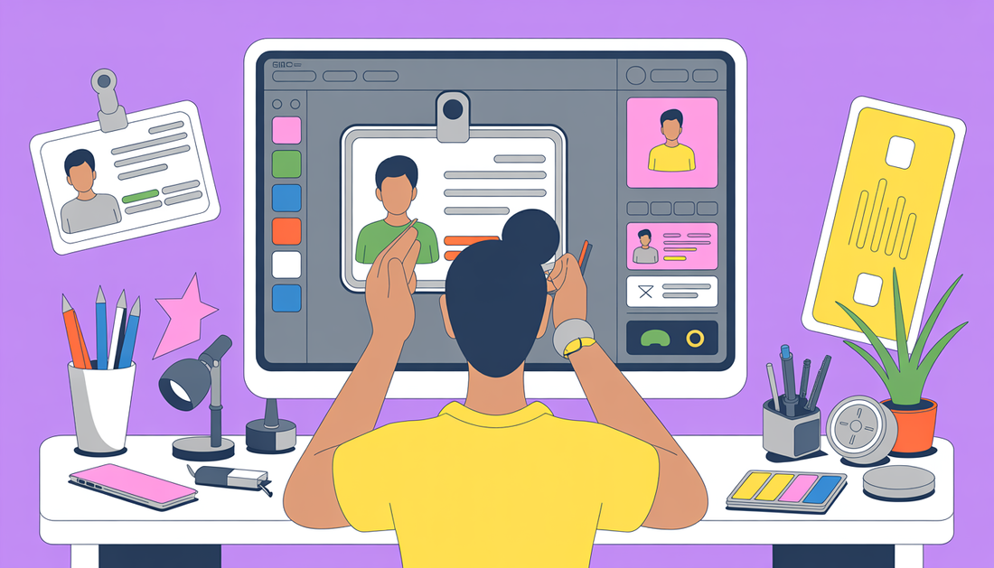 A designer using ID card design software, surrounded by colorful ID card samples and design tools.