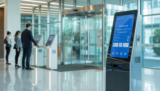 A modern office lobby with a digital kiosk for visitor check-ins and people interacting with it.