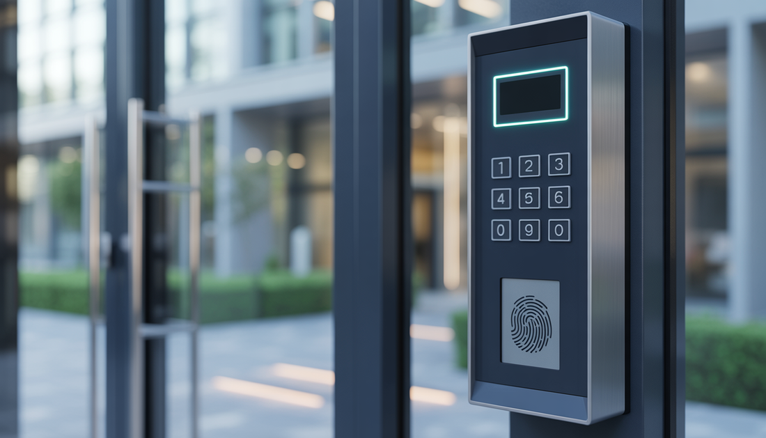 Entrance of a modern office building showcasing a high-tech door access system with a digital keypad and biometric scanner, representing advanced security technology.