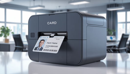 A modern ID card printer in a professional office setting, printing a high-quality ID card with clear text and vivid colors, highlighting its advanced features and efficiency.